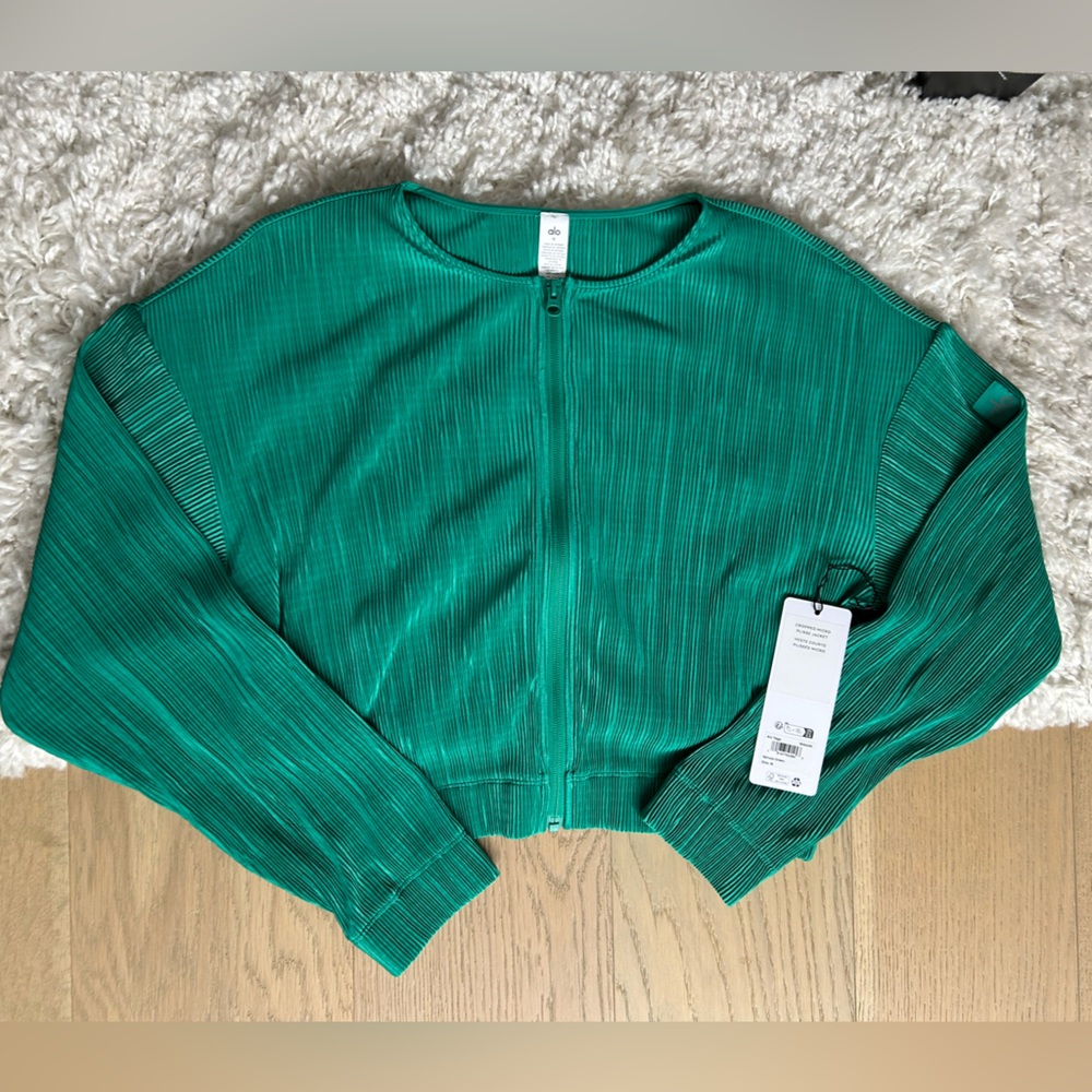 ALO Yoga Emerald Green Ribbed Cropped Bomber Jacket